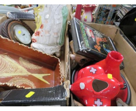 Two trays of collectables to include a vintage barometer 