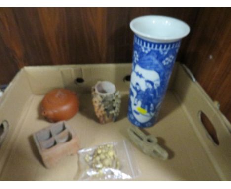 A Chinese blue &amp; white cylinder sleeve vase with Kangxi mark, Chinese Yixing terracotta tea pot A/F, Chinese soapstone va