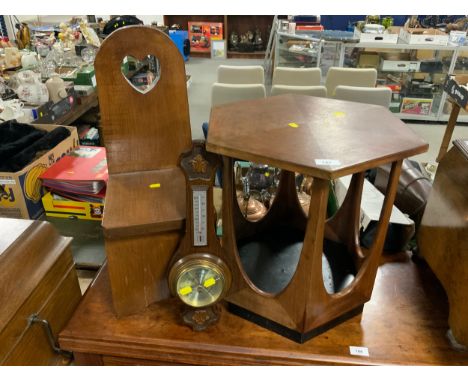 A small oak barometer together with an art deco table and a small rustic stool. (3) 