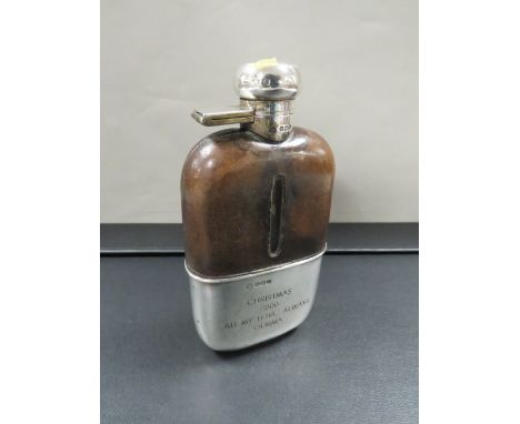 An antique silver and glass hip flask with pull off cup and leather half cover, late dedication inscription H -16 cm