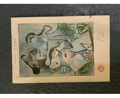 Pablo Picasso an unframed signed lithograph print ‘Venus et Cupid’ Taylor and Croft London stock 1967 verso 30 x 19.5 cm 
