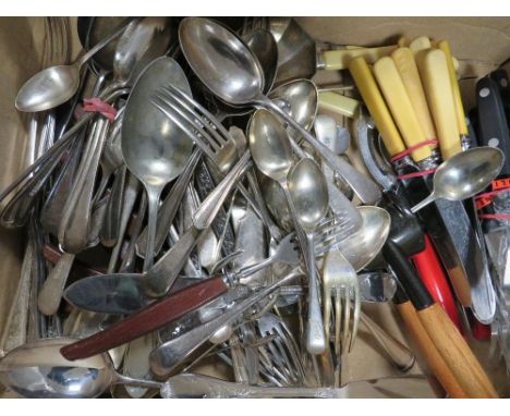A collection of assorted silver plated ware, to include silver plated flatware and five hallmarked silver teaspoons