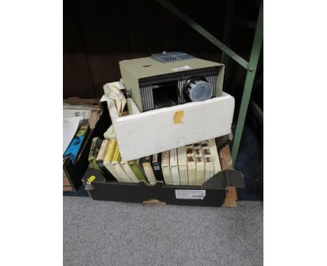 A quantity of 8 track cartridges, video tapes, projector etc