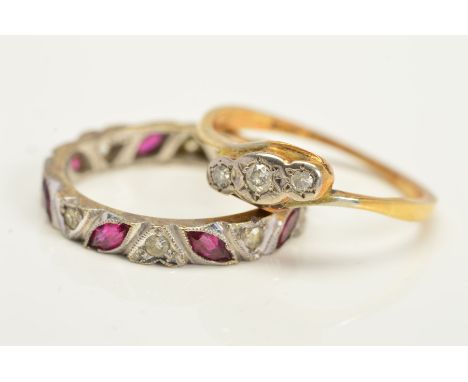 TWO RINGS, the first of crossover design, the central diagonal panel set with a brilliant cut and two single cut diamonds, al