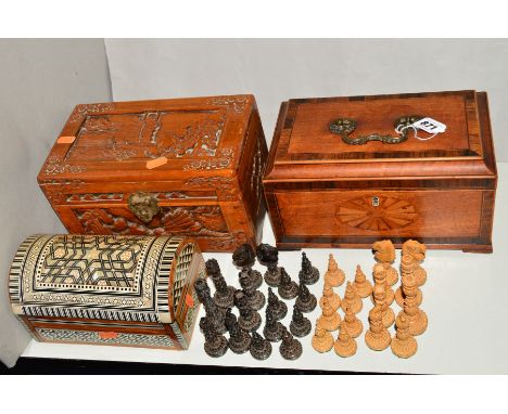 A 19TH CENTURY INLAID TEA CADDY, with brass swing carry handle, three compartment interior, width 25.5cm, together with a mod