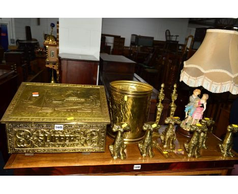 A QUANTITY OF BRASS MISCELLANEOUS, to include a slipper box, log bucket, six cat figures, figural table lamp, etc (12)