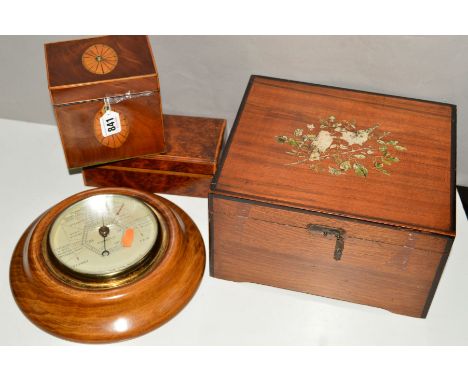 AN INLAID SINGLE TEA CADDY, a Short &amp; Mason aneroid barometer, a cigarette box and a work box (missing interior) (4)