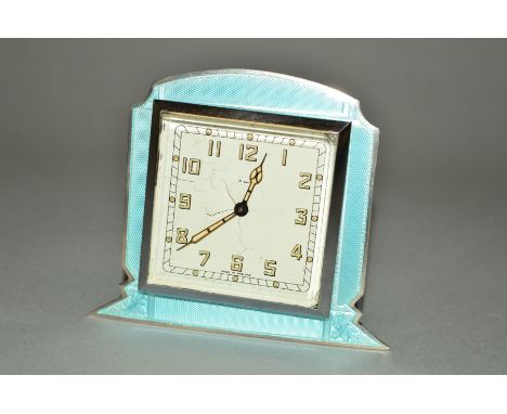 A SMITH'S ART DECO CHROME AND PALE BLUE ENAMEL BEDSIDE CLOCK, square dial (af) with gilt Arabic numerals, height 8.5cm