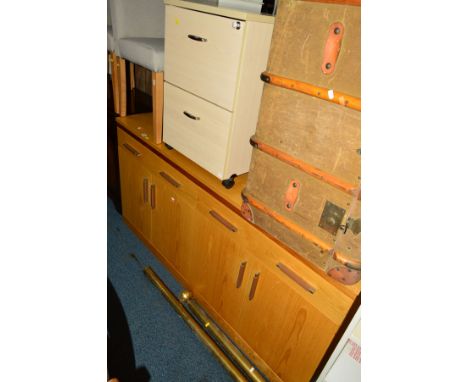 A WHITE AND NEWTON LIGHT OAK FINISH SIDEBOARD with two long drawers, width 166cm x depth 48cm x height 83cm and a metal two d