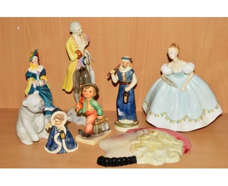 EIGHT VARIOUS FIGURES AND A FACE PLAQUE, to include a Goldscheider U.S.A. Figure of a gentleman, height 22.5cm, Royal Doulton