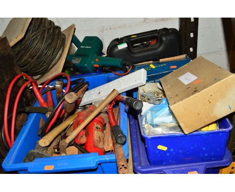 THREE PLASTIC BOXES CONTAINING MISCELLANEOUS TOOLS, to include hand tools, screws, boxed Black and Decker drill, etc