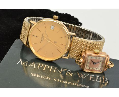 A 9CT GOLD MAPPIN &amp; WEBB QUARTZ WRISTWATCH, champagne dial with baton hands and hour markers, date function at 3 o'clock,