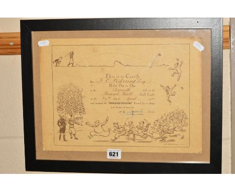 A FRAMED GOLFING HOLE IN ONE CERTIFICATE, presented by The Jonnie Walker Whisky Company, art work is by H M Bateman
