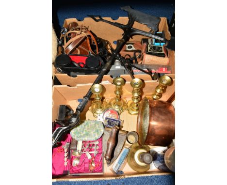 TWO BOXES OF SUNDRIES, to include a modern cast weather vane, brass candlesticks, cast iron framed map of Radnorshire and a m