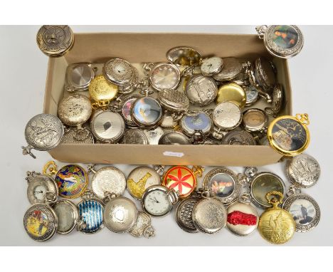 A BOX OF ASSORTED MODERN QUARTZ POCKET WATCHES, various case designs including prints of Old Master paintings, locomotive and