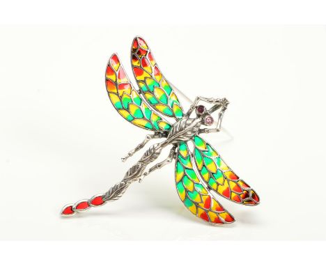 A PLIQUE-A-JOUR DRAGON FLY BROOCH/PENDANT, designed with red, green and yellow plique-a-jour enamel wings and circular ruby e