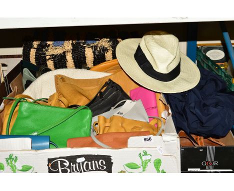 TWO BOXES AND LOOSE BAGS AND HANDBAGS, some with original tags, some John Lewis &amp; Partners, many leather, also sandals, J