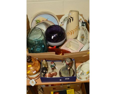 TWO BOXES AND LOOSE CERAMICS, GLASS, PICTURES, etc, to include Robert Harrop 'Designs' figures, 'Cavalier King Charles, Charl