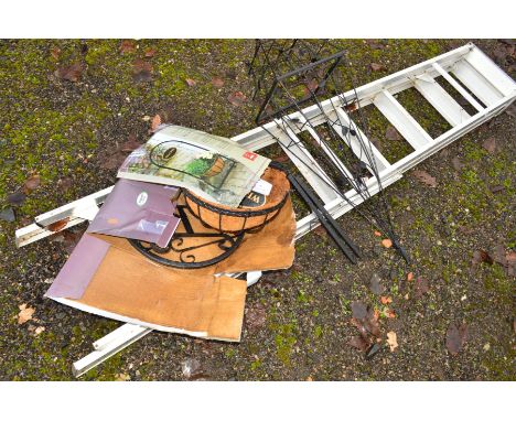 A SET OF ALUMINIUM STEP LADDERS together with a wrought iron decorative garden ornament and a hanging basket (3)