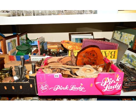 FIVE BOXES AND LOOSE OF HOUSEHOLD ITEMS, including Viners mosaic cutlery, pictures, Sheffield canteen of cutlery, treen, mant