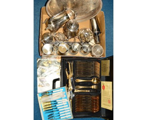 A BOX OF METALWARES, including modern pewter tankards, silver plates tea set, a small quantity of Norwegian and Hong Kong whi