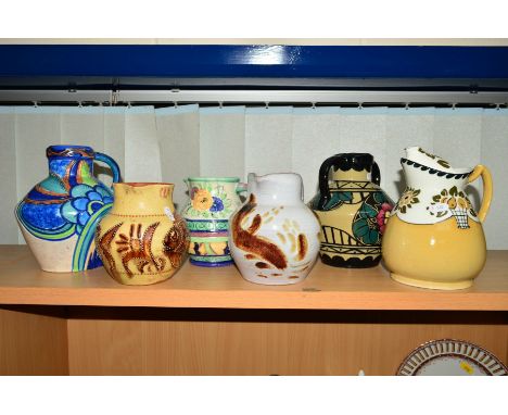 SIX STUDIO POTTERY JUGS, etc, comprising a Wood &amp; Sons 'Cosy' teapot (missing lid) possibly by Frederick A. Rhead, Shorte