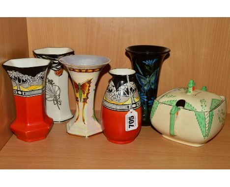 EARLY 20TH CENTURY DECORATIVE POTTERY comprising of two Beverley pattern posy vases designed by Charlotte Rhead for Burleigh 