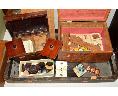 A VICTORIAN CADDY, with fitted interior (sd), a work box (distressed), various buttons, playing cards, tray, etc