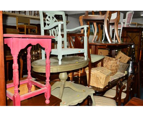 FOUR VARIOUS WICKER BASKETS, together with four various paired occasional furniture, lava lamp and a modern carpet (10)