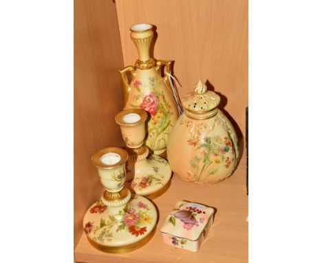 A GROUP OF ROYAL WORCESTER BLUSH IVORY ITEMS ETC, comprising a narrow neck twin handled vase, No2317, Rd No427441 to base, he