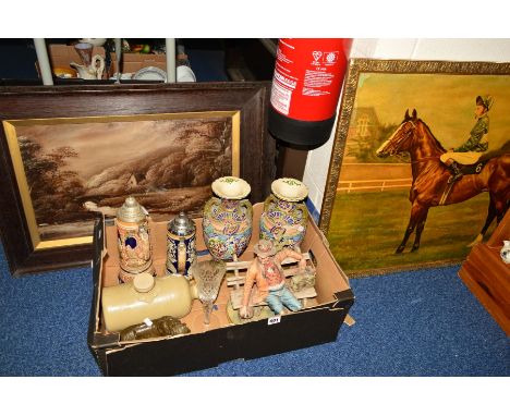 A BOX OF LOOSE CERAMICS, PICTURES ETC, to include a pair oil on board landscape river scenes, signed A.Mearns, an oil on canv