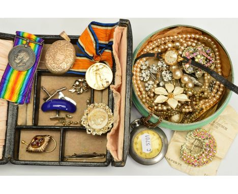 A SELECTION OF COSTUME JEWELLERY, WATCHES, MEDALS etc, to include an Ingersoll pocket watch, a Rotary wristwatch, a WWI Victo