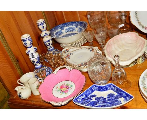 CERAMICS AND GLASS to include Coalport twin handled bonbon dish, Burleigh Ware saucers, shape 733811, Grindley blue and white