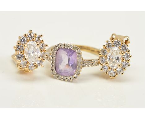 A 9CT GOLD AMETHYST AND DIAMOND DRESS RING, ring size N1/2, hallmarked 9ct gold, Birmingham, together with a 14ct gold pair o