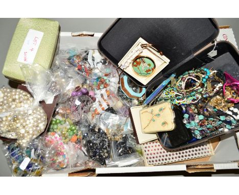 A LARGE BOX OF COSTUME JEWELLERY, to include necklaces, loose beads, bangles, loose imitation pearls, a boxed Stratton compac