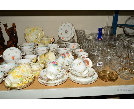 A GROUP OF CUT GLASS AND CHINA, including Webb cut glass bowl and biscuit barrel, unmarked cut glass wine and glassware, Tusc