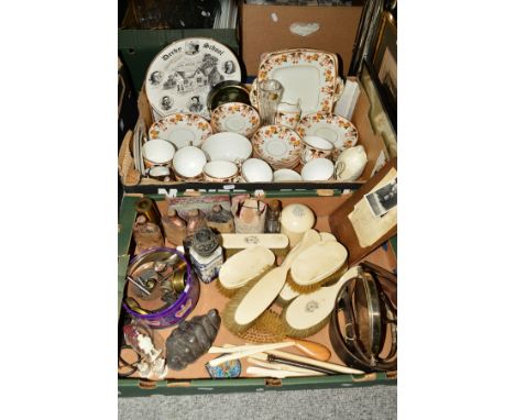 TWO BOXES OF CERAMICS, SUNDRIES, etc, including Stafford china tea service, twelve tea cups, thirteen saucers, thirteen tea p