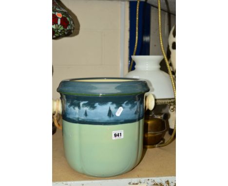 A ROYAL DOULTON SLOP BUCKET, green base, decorated with sailing boats, bamboo handle in place, approximate height 28cm x 26cm