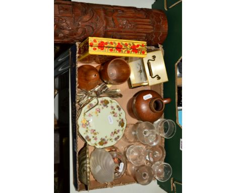 A SET OF SIX MAPPIN AND WEBB PLATED CAKE FORKS, a Chinese carved bamboo brush pot (af), a Quartz carriage clock, etc