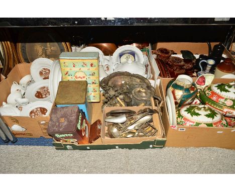 FIVE BOXES AND TWO LOOSE PICTURES, CERAMICS, PLATED WARES, CUTLERY etc to include Ashworth Ironstone part dinnerwares, a Fire