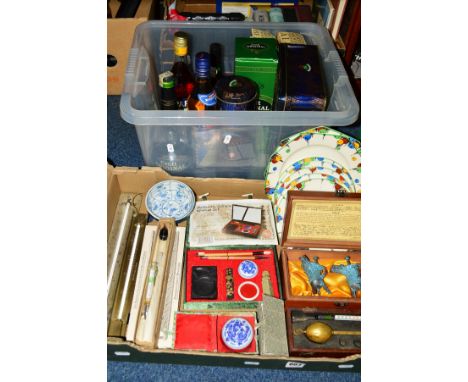 TWO BOXES OF ASSORTED ITEMS to include a cased Hydrometer (a/f), a boxed W A E Busby Ltd Hydrometer, two sugar thermometers i