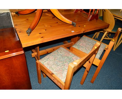 A MODERN PINE KITCHEN TABLE, a bench and two chairs (4)