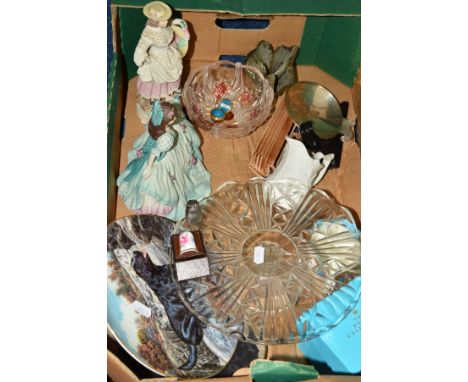 A BOX OF CERAMICS AND GLASS, to include a silver trinket dish stamped 925, Coalport Age of Elegance figure 'On The Balcony', 