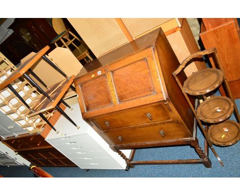 AN OAK FALL FRONT BUREAU, together with an oak folding cake stand and a pair of tile topped occasional tables (4)