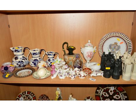 A COLLECTION OF VARIOUS JUGS, ORNAMENTS, PLATE, etc, to include set of three Masons 'Sapphire' graduating jugs, tallest 16cm,