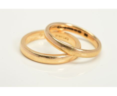 TWO BAND RINGS, the first a 9ct gold plain band ring, with 9ct hallmark, ring size M, the second a plain band ring with perso