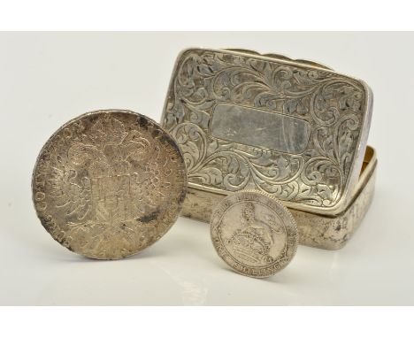 THREE ITEMS, to include a late Victorian, hinged, rectangular snuff box with engraved scrolling acanthus leaf decoration, tog