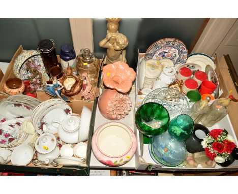 FOUR BOXES AND LOOSE CERAMICS, GLASS, PICTURES etc, to include Continental dinnerwares, cherub table lamp, ceramic bonsai tre