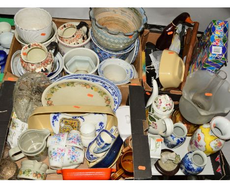 THREE BOXES AND LOOSE OF CERAMICS, SUNDRIES etc, including two Victorian graduated jugs, graduated blue and white jardinieres