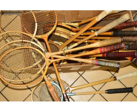 BADMINTON RACKETS, to include 3 x Slazenger wooden Victory racket with nylon strings, 1 x The Fury racket with nylon strings,